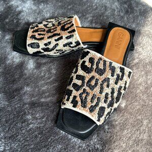 Ganni Leopard Beaded Square Toe Sandals